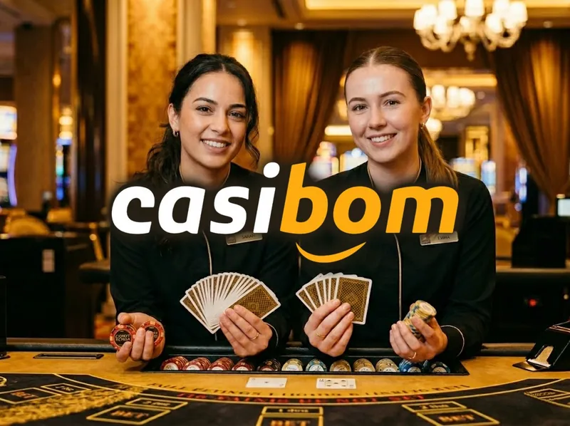 Casibom logolu masada iskambil kartı tutan iki canlı casino krupiyesi